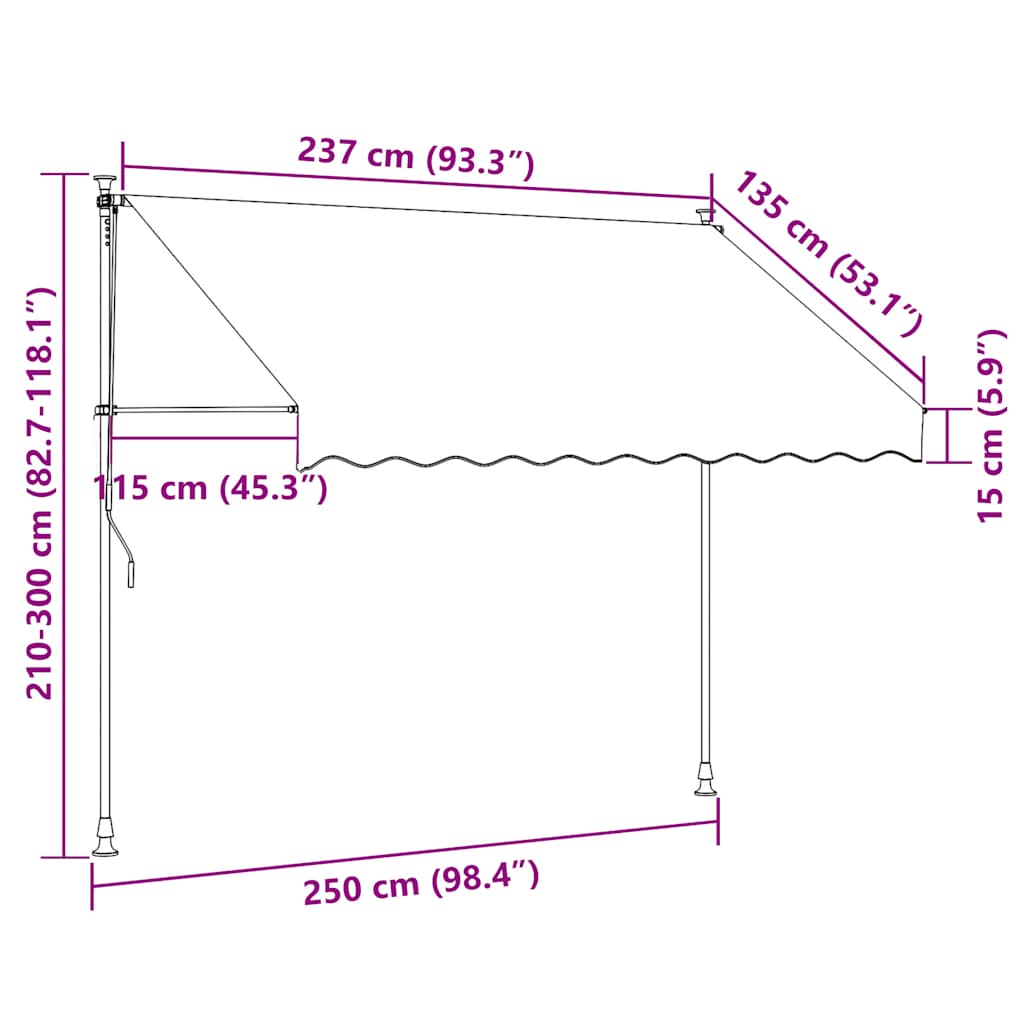 Manuell uttrekkbar markise 250 cm blå og hvite striper