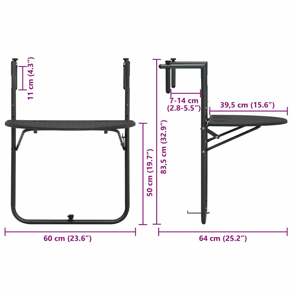 Hengende balkongbord brun 60x64x83,5 cm plast rottingutseende