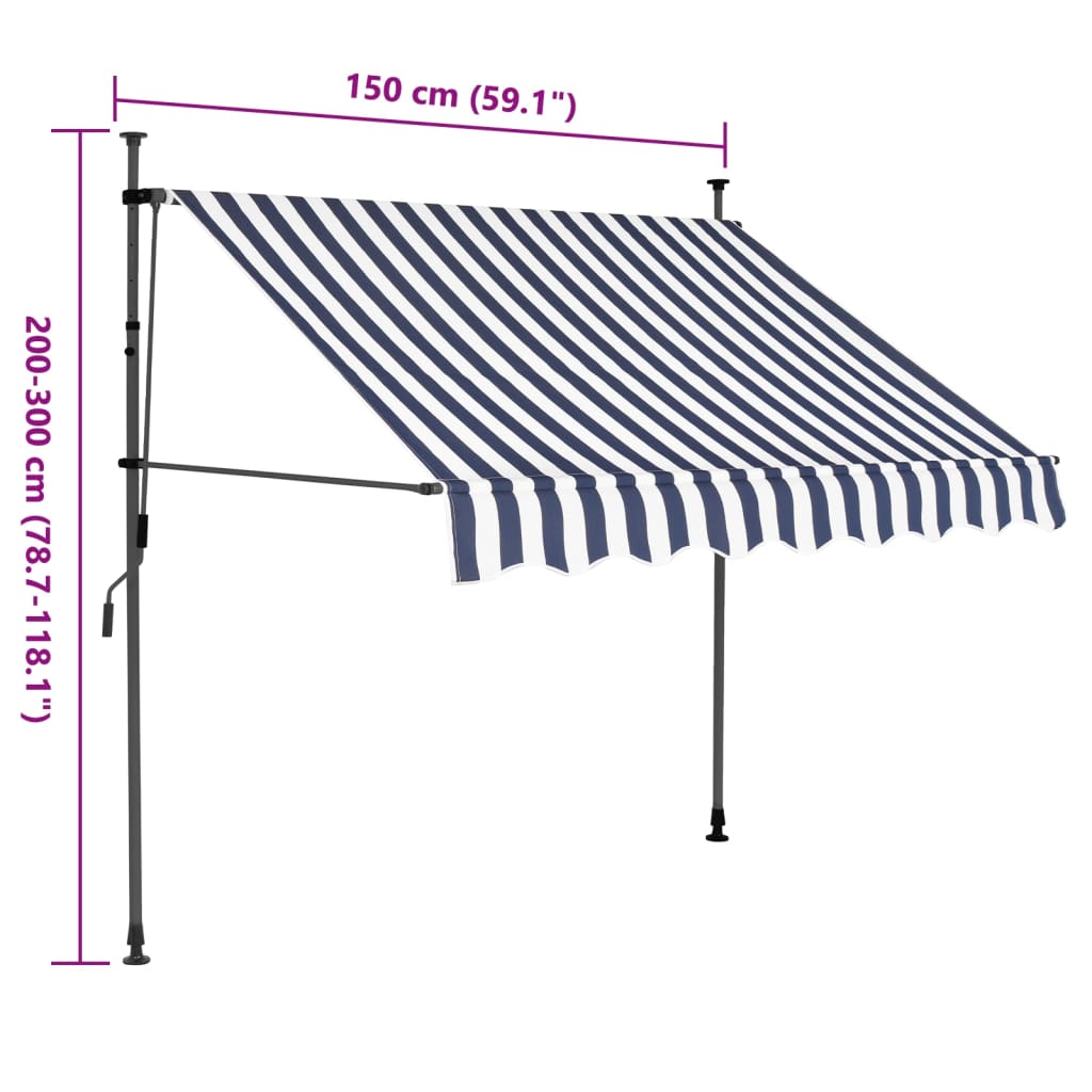Manuell uttrekkbar markise med LED 150 cm blå og hvit