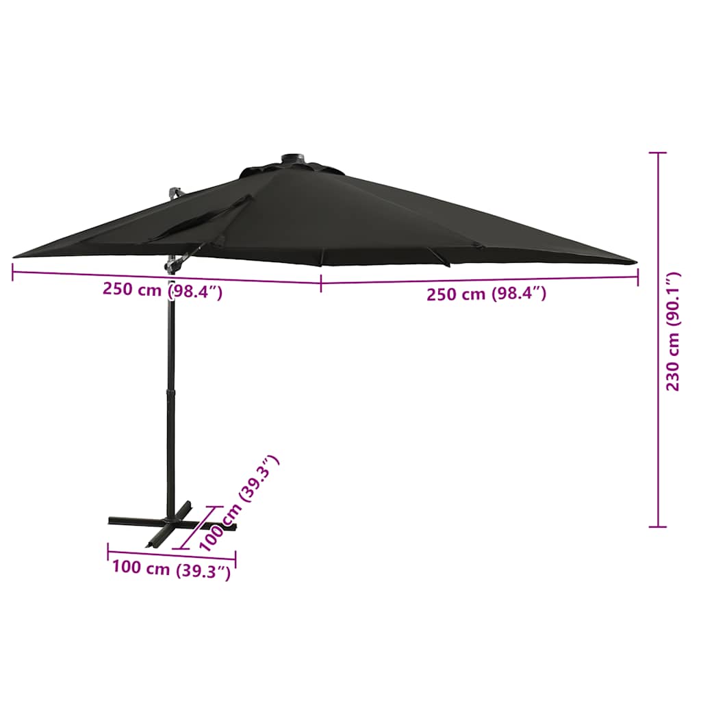 Hengende hageparasoll med stang og LED-lys svart 250 cm