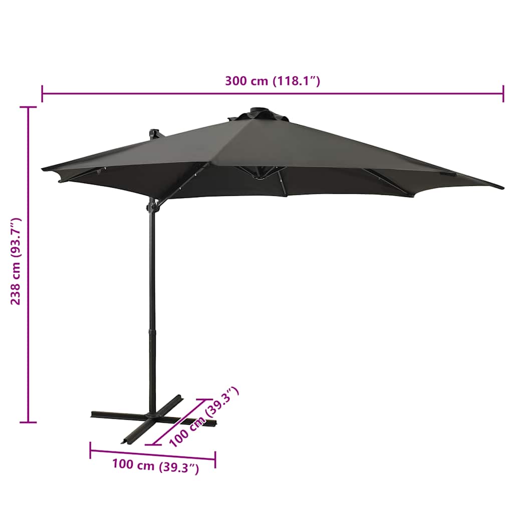 Hengende hageparasoll med stang og LED-lys antrasitt 300 cm