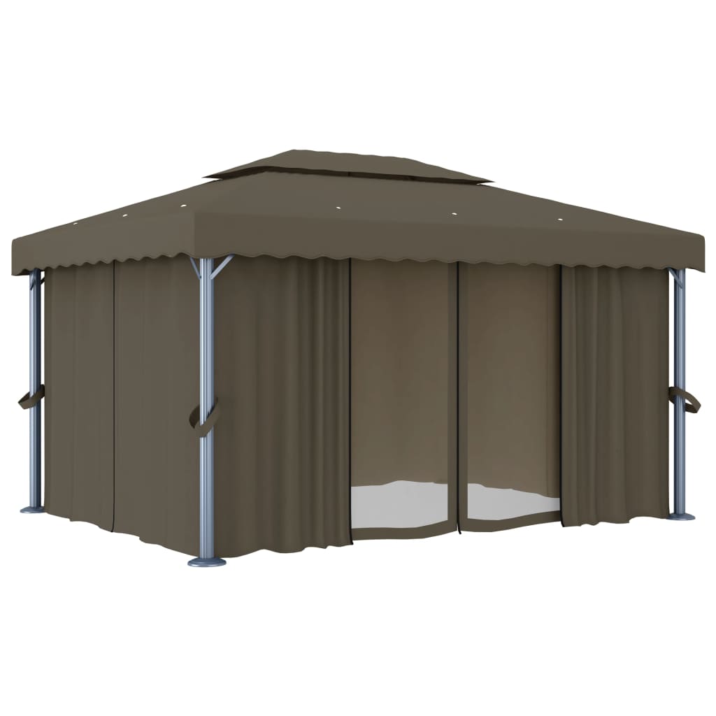 Paviljong med gardin og LED-strenglys 4x3 m gråbrun
