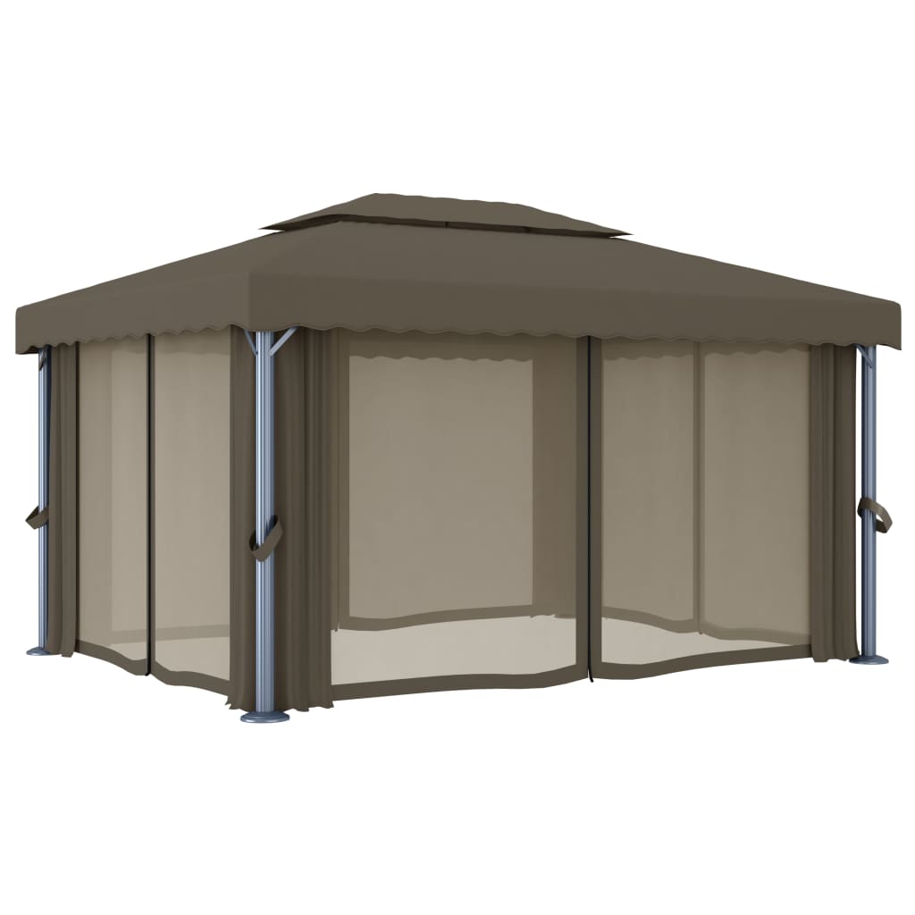 Paviljong med gardin og LED-strenglys 4x3 m gråbrun