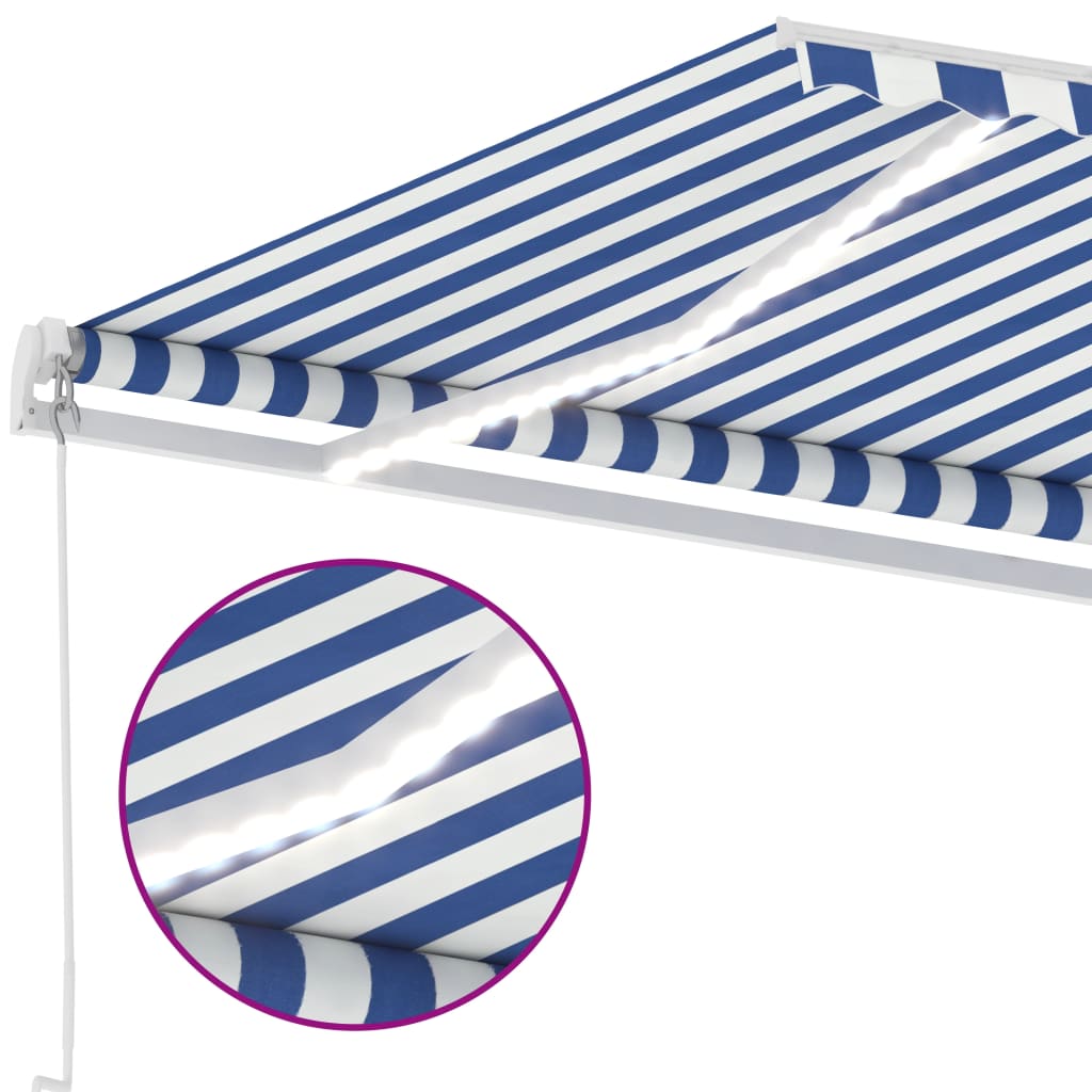 Manuell uttrekkbar markise med LED 400x350 cm blå og hvit