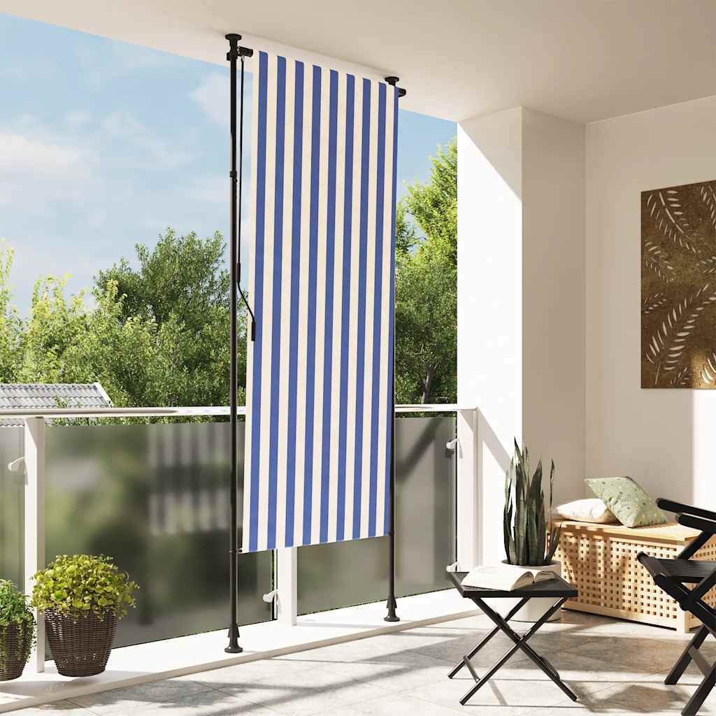 Utendørs rullegardin blå og hvit 120x270 cm stoff og stål