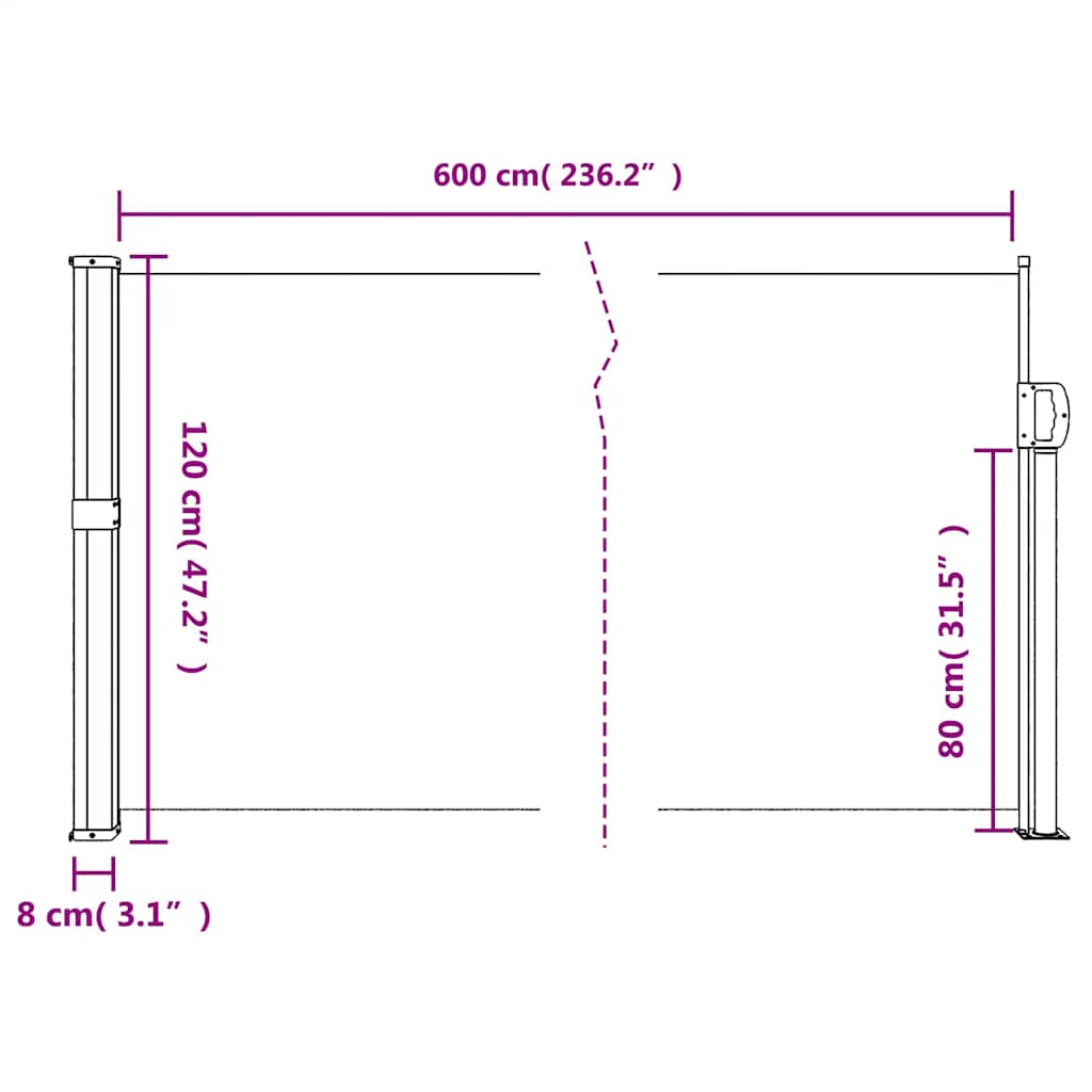 Uttrekkbar sidemarkise 120x600 cm kremhvit