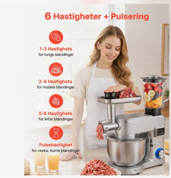 Kvinne bruker kjøkkenmaskin med kjøttkvern og blender, viser 6 hastigheter i kjøkken.
