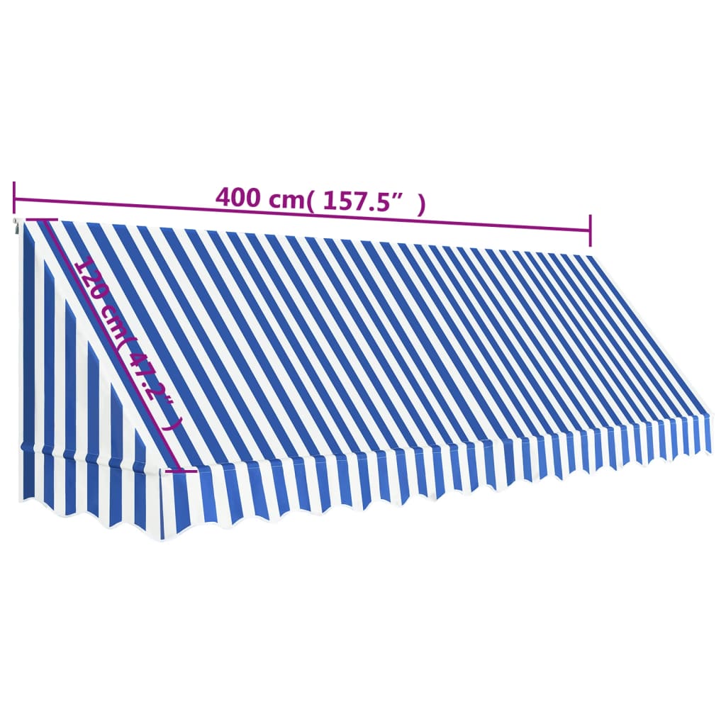 Markise 400x120 cm blå og hvit
