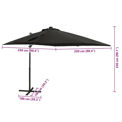 Hengende hageparasoll med stang og LED-lys svart 250 cm