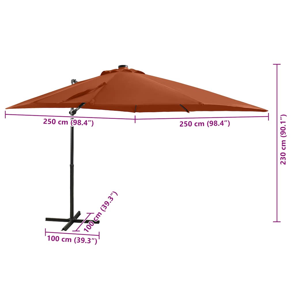 Hengende hageparasoll med stang og LED-lys terrakotta 250 cm