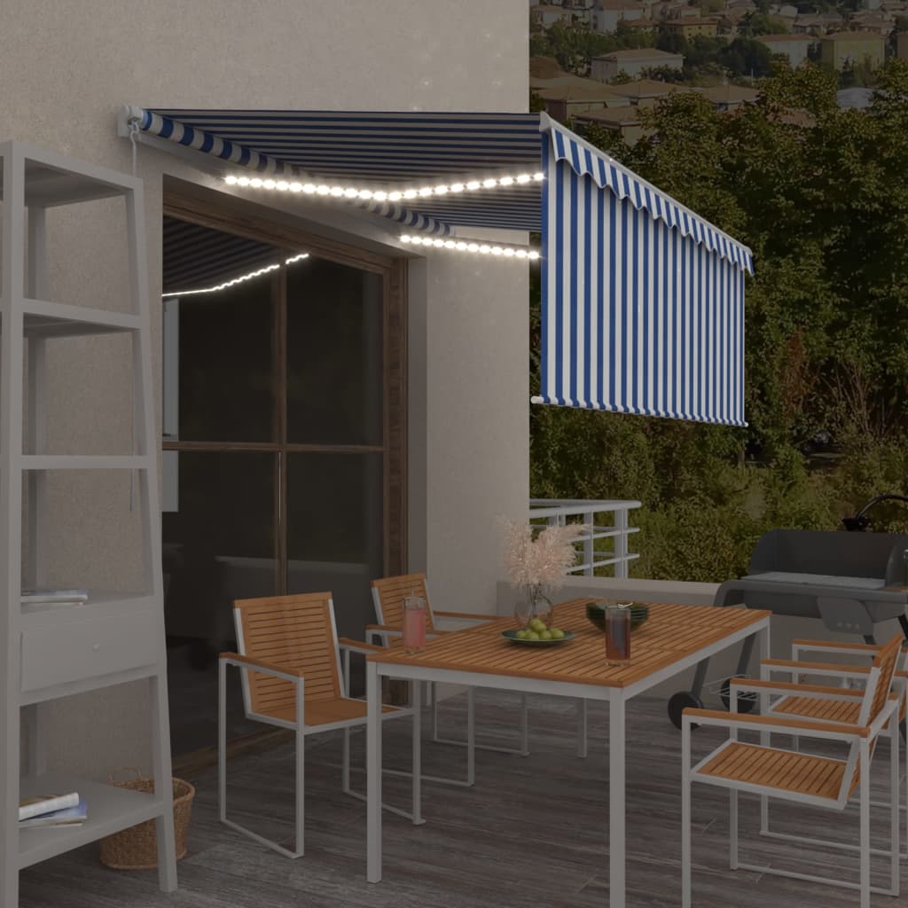 Manuell markise med rullegardin og LED 3x2,5 m blå og hvit