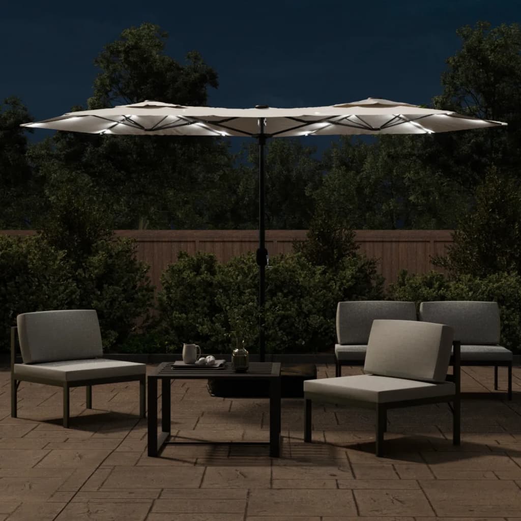 Hageparasoll dobbelt hode med LED sandhvit 316x145 cm