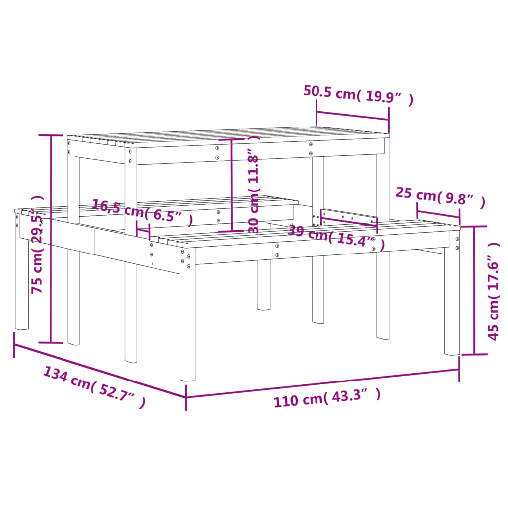Piknikbord voksbrun 110x134x75 cm heltre furu