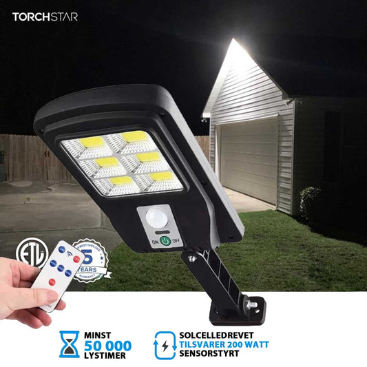Solcelledrevet LED utelys – 200W lyseffekt, med fjernkontroll