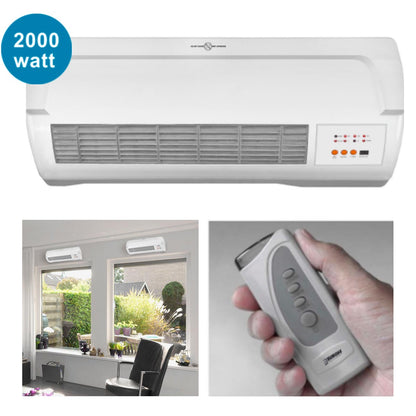 Vegghengt varmevifte 2000 watt med fjernkontroll i moderne stue, energieffektiv oppvarming.