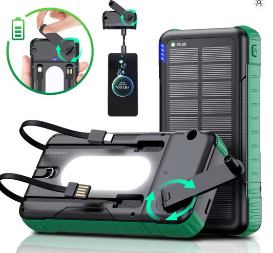 Solcelledrevet powerbank med grønn ramme, usb-kabler og LED-lampefunksjon