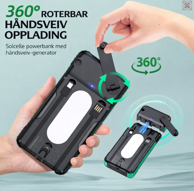 Solcelle powerbank med 360° roterbar håndsveiv for manuell opplading, vist i bruk.