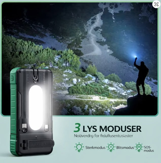 Utendørs LED-lykt med 3 lysmoduser, brukt av person i fjellterreng om natten.