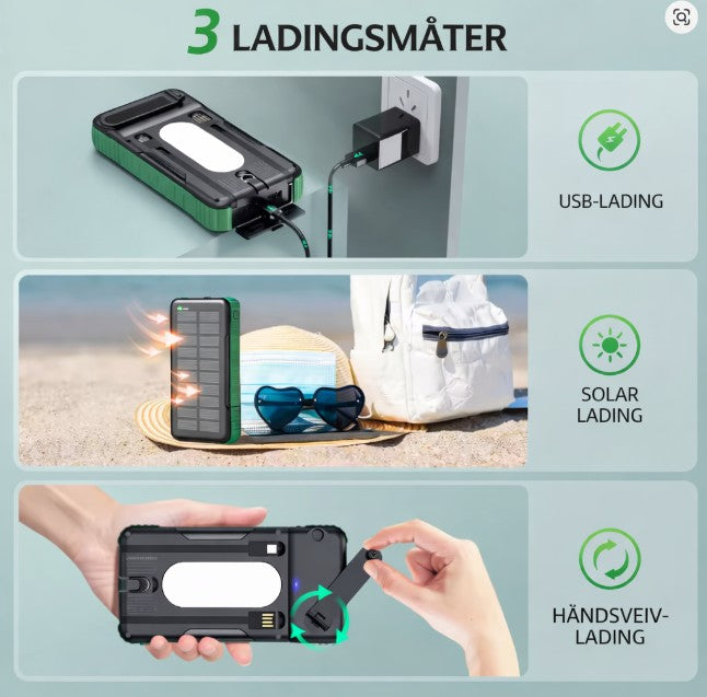 Bærbar powerbank med tre lademetoder: USB-lading, solcellelading og håndsveiv-lading.
