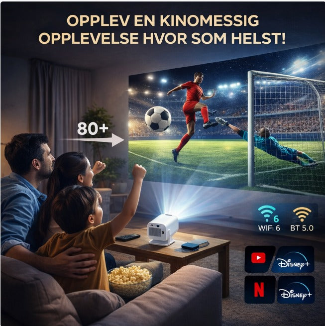Familie ser fotballkamp på stort lerret via bærbar projektor, WiFi 6, streaming, hjemmekino.