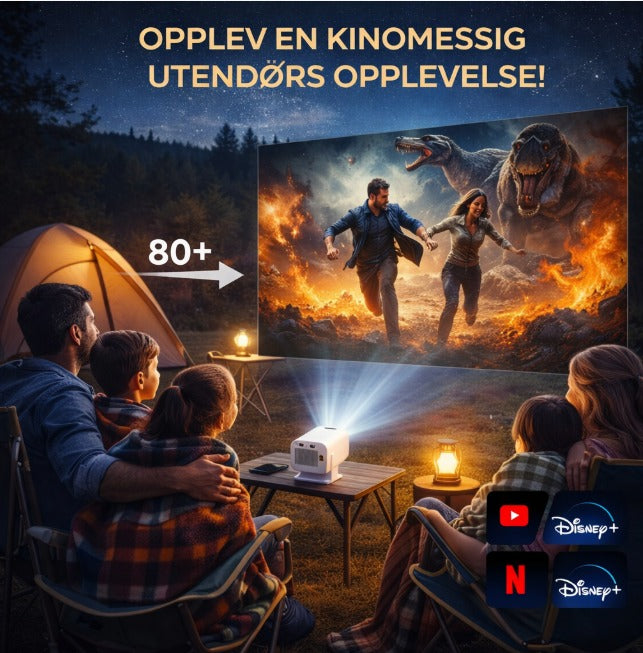 Familie ser film utendørs med projektor på storskjerm i natur, camping og underholdning