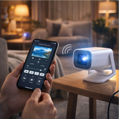 Person styrer hvit projektor med mobiltelefon i moderne stue, smart hjem teknologi