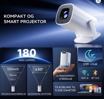 Kompakt smart projektor med 180 ANSI lumen, automatisk keystone, WiFi 6, BT 5.0, stille drift.