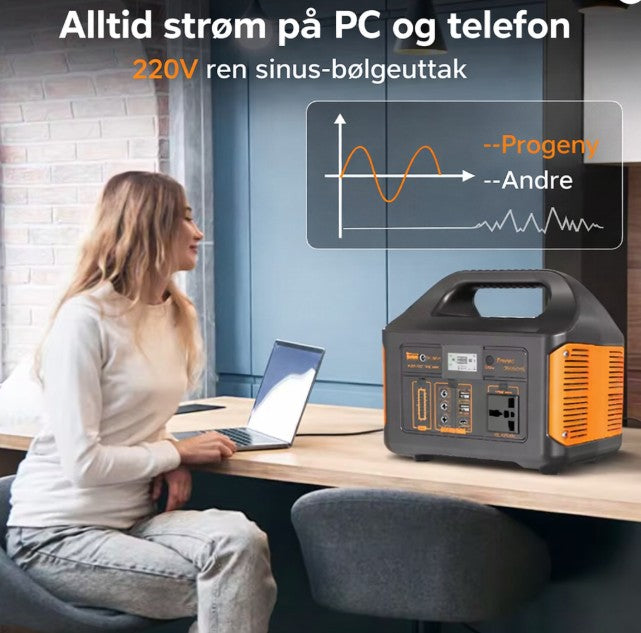 Kvinne bruker bærbar PC ved kjøkkenbenk med bærbar strømstasjon og graf for 220V ren sinus-bølgeutgang.