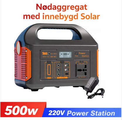 Nødaggregat med innebygd solcelle, 500W, 220V, bærbar power station, svart og oransje.