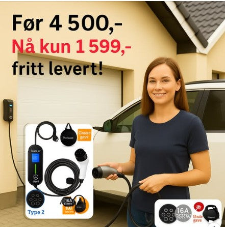 Kvinne lader elbil hjemme med Type 2 ladekabel, tilbudspris vises i bakgrunnen.